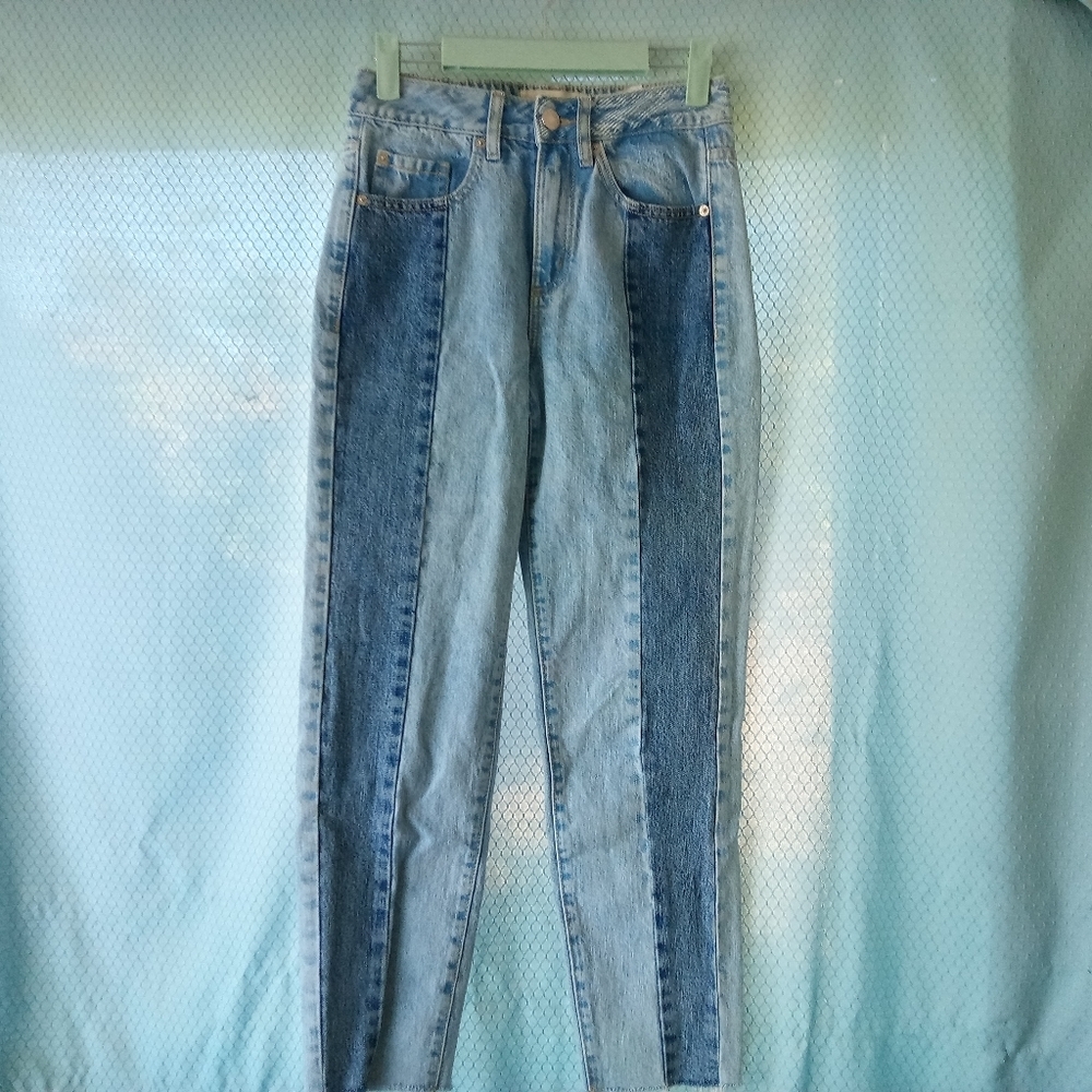 Garage Mom Jeans High Waist Straight Raw Hem Blue Two Tone Denim Sz 1